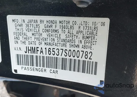 2007 Honda Civic Lx from USA, damaged, VIN JHMFA16537S000782